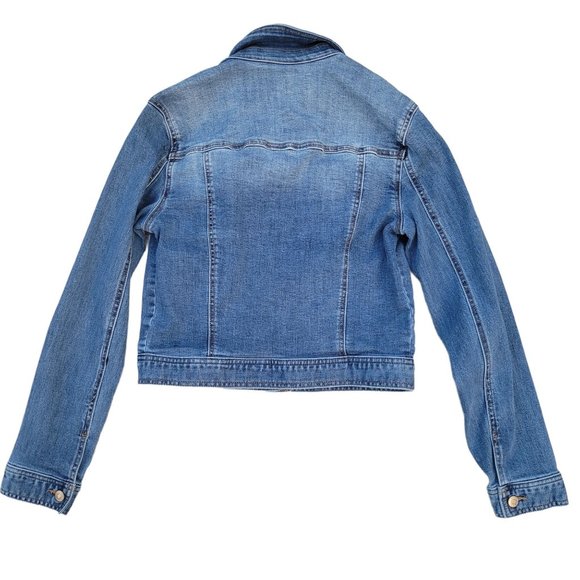 Celebrity Pink Distressed Denim Jacket Button Up Rollable Sleeve Womans Small - Picture 6 of 13